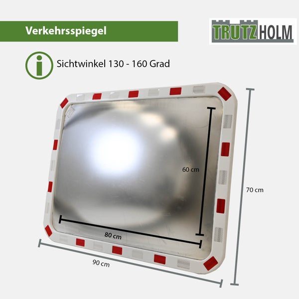 Rechteckiger Trutzholm Verkehrsspiegel mit 130 bis 160 Grad Sichtwinkel, Maße 90 mal 70 Zentimeter, Spiegelmaße 80 mal 60 Zentimeter.