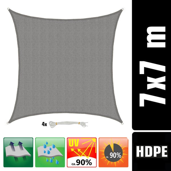 Quadratisches, graues Sonnensegel aus HDPE, 7 mal 7 Meter, inklusive vier Seilen, atmungsaktiv, wasserdurchlässig, mit circa 90 Prozent UV-Schutz.