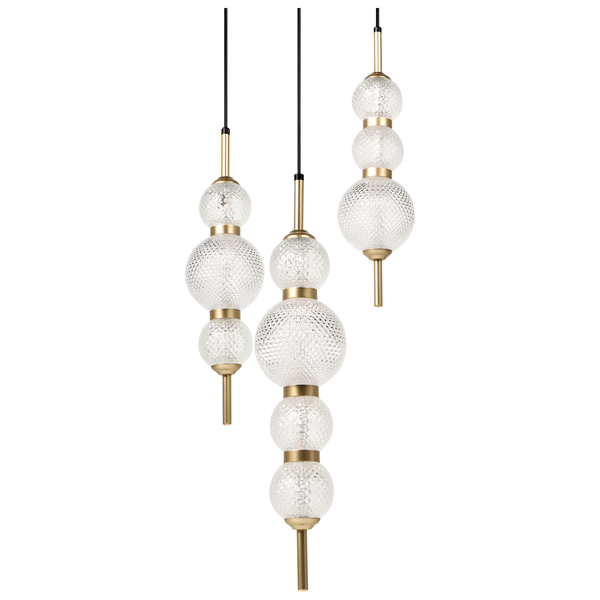 Mehrflammige Pendelleuchte mit Glaskugeln und goldenen Elementen