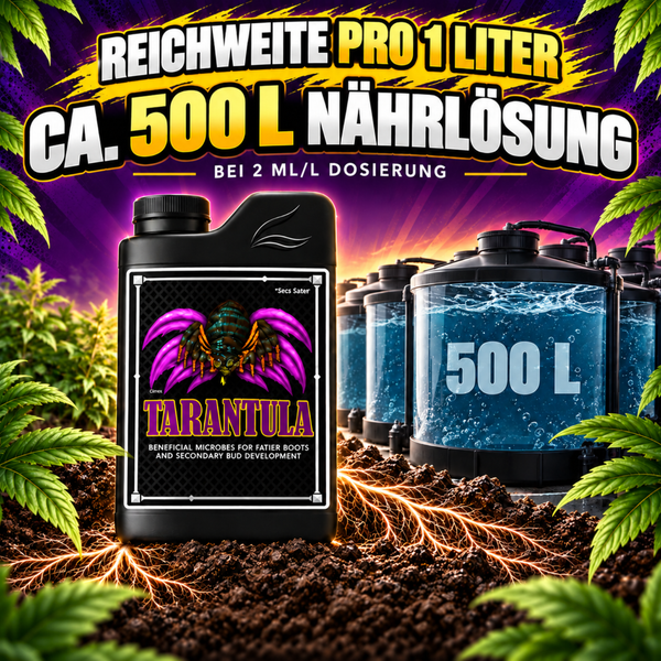Tarantula Pflanzendünger Flasche zur Herstellung von circa 500 Liter Nährlösung mit Dosierungsanleitung für die Pflanzenzucht.
