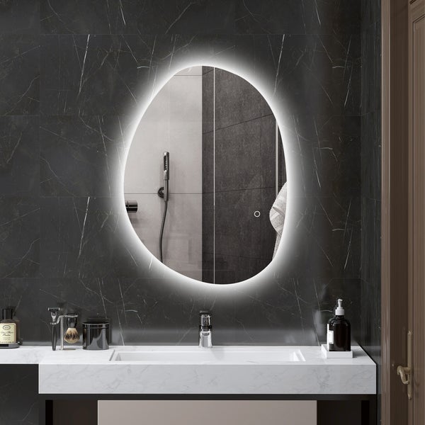 HOMCOM Badspiegel mit Beleuchtung 70x50 cm LED Spiegel mit Touchschalter, 3 Lichtfarben, Asymmetrischer Badezimmerspiegel mit Anti-Beschlag- & Memoryfunktion, Wandspiegel IP44, für Badezimmer