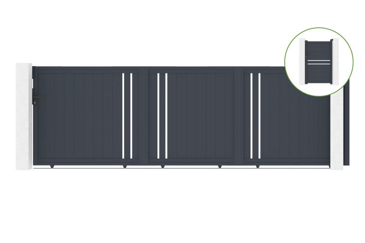 Schiebetor 5m GIONA H.160cm graues Aluminium + 1M CIMONE Tor H.160cm Aluminium