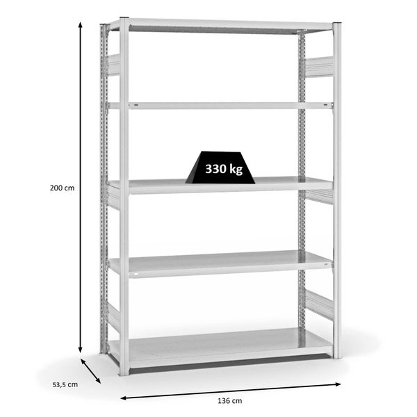 PROREGAL Fachbodenregal Stecksystem T-Profil Heavy-Duty Grundregal HxBxT 200 x 130 x 50 cm 5 Ebenen Fachlast 330 kg Beidseitig Nutzbar Lichtgrau