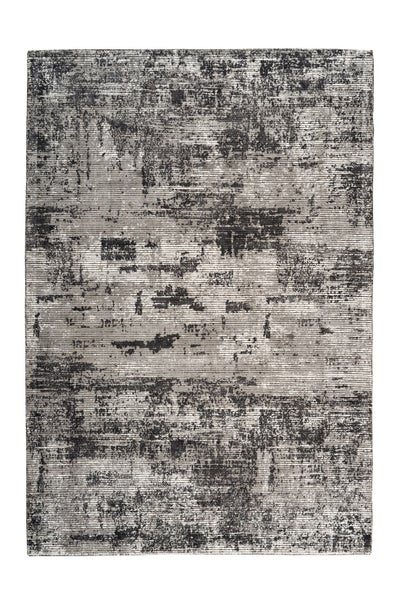 Rechteckiger Teppich mit abstraktem, verwaschenem Muster in Grau und Schwarz.