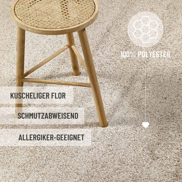Teppich mit kuscheligem Flor, schmutzabweisend, für Allergiker geeignet, aus 100 Prozent Polyester.