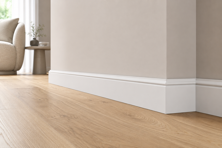 Weiße profilierte Sockelleiste an einer Wand in einem modern eingerichteten Wohnraum mit Holzboden.