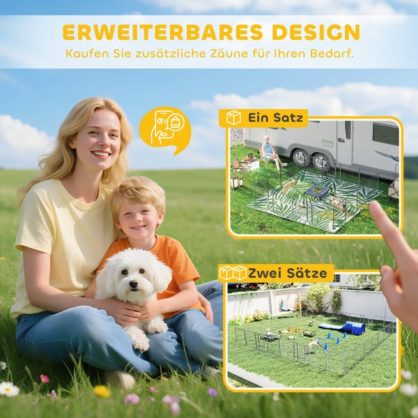 Frau, Kind und Hund im Freien mit Infografik zu erweiterbarem Welpenschutzgitter in zwei Größen für Garten und Camping.