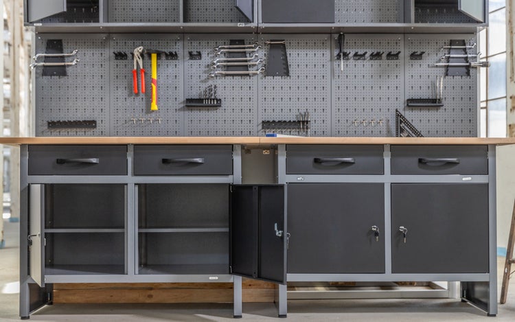 Ondis24 Werkstatt Set Werner 240 cm 2 Schränke LED, Werkstatteinrichtung, Werkbank