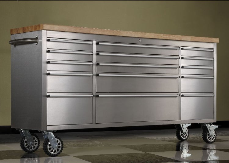 Ondis24 Werkstattwagen Edelstahl 198 cm mit 15 Schubladen