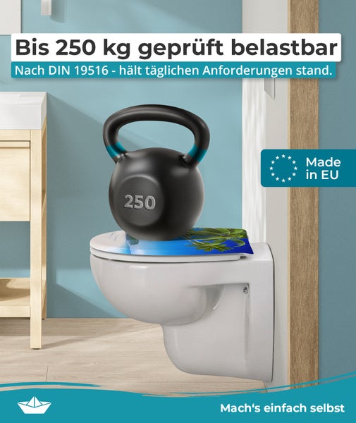 Calmwaters® WC Sitz Motiv Palmenparadies einfache Montage, Toilettendeckel bis 250 kg, Made in EU, antibakterieller Duroplast, Absenkautomatik, 2 Montage Optionen, abnehmbar, Klobrille, oval
