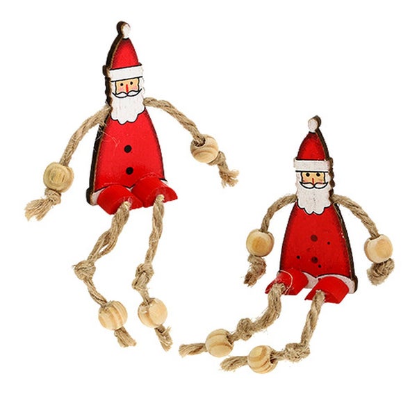 Zwei hölzerne Weihnachtsmannfiguren mit Jutegliedmaßen und Holzperlen