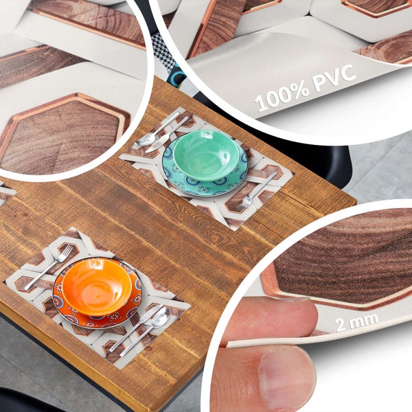 Tischset aus 100 Prozent PVC mit geometrischem Sechseck-Muster in Holzoptik, 2 Millimeter dick, auf einem Holztisch mit Geschirr.
