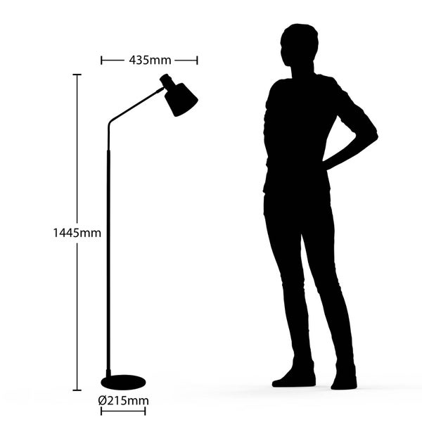 Abmessungen einer Stehlampe mit einer Gesamthöhe von 1445 Millimeter, Lampenschirmbreite von 435 Millimeter und einem Fussdurchmesser von 215 Millimeter.