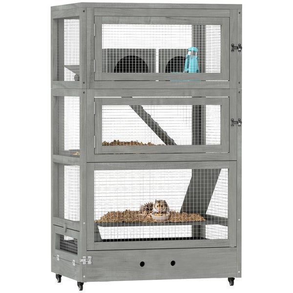 PawHut Hamsterkäfig aus Holz, 65 x 45 x 109 cm Mäusekäfig Nagerkäfig mit Hütten, Wippe, Palette, Futterschalen, 4-Stufig Kleintierkäfig mit Schloss, Rampen, Rollen, für Zwerghamster Grau