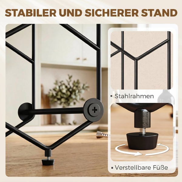 Stahlrahmen mit verstellbaren Füßen für einen stabilen und sicheren Stand.