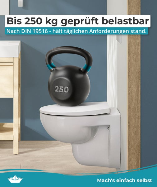 Wand-WC mit aufgesetzter Kugelhantel zur Veranschaulichung der Belastbarkeit bis 250 Kilogramm gemäß DIN 19516 Norm.