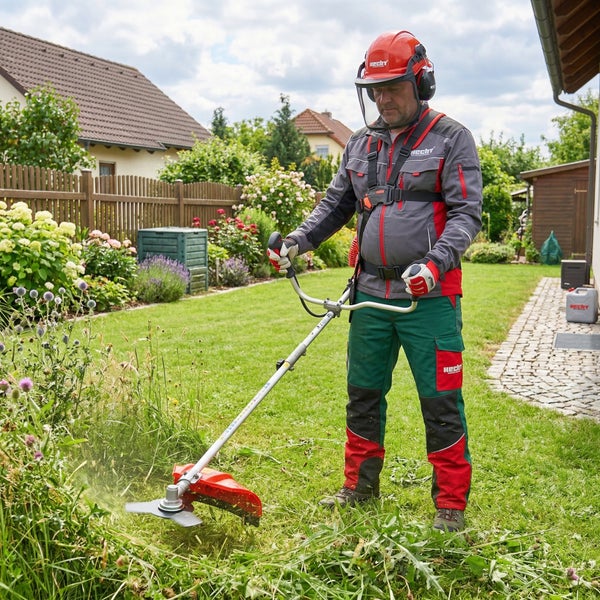 Ein Mann mit Schutzkleidung mäht Gras mit einem Rasentrimmer im Garten.