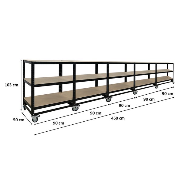 PROREGAL Mega Deal 5x Kommissionierwagen BÜFFEL Fahrbares Kommissionierregal 100x90x50cm 3 Ebenen Fachlast 50kg 2X Lenkrollen & 2X Lenkrollen mit Feststellbremse Schwarz