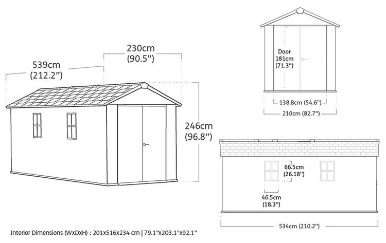 Technische Zeichnung Gartenhaus: 539 Zentimeter breit, 230 Zentimeter tief, 246 Zentimeter hoch. Details zu Tür, Fenstern und Innenraummaßen.