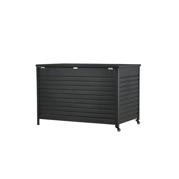 Rechteckige Auflagenbox aus Metall in Anthrazit mit horizontalen Lamellen, Deckel und Rollen.