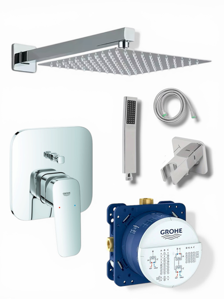 GROHE Unterputz-Duschsystem mit quadratischer Kopfbrause, Handbrause, Brauseschlauch, Wandhalterung und Einhandmischer in Chrom.