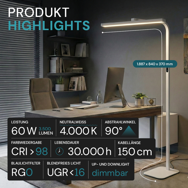 LED-Stehleuchte für Büro, 60 Watt, 3500 Lumen, neutralweiß, dimmbar, Up- und Downlight, CRI über 98, Lebensdauer 30000 Stunden.