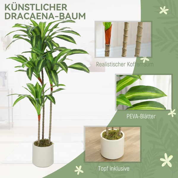 Künstlicher Dracaena-Baum im weißen Topf mit PEVA-Blättern und realistischen Stämmen, inklusive Detailansichten der Materialstruktur.