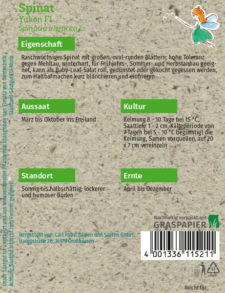 Rückseite der Samentüte für Spinat Yukon F1 mit Angaben zu Eigenschaften, Aussaat, Kultur, Standort und Ernte. Nachhaltige Verpackung aus Graspapier.