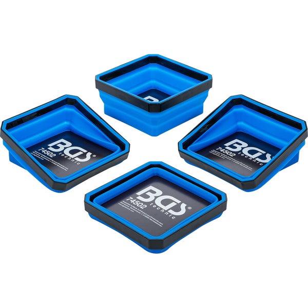 Set aus vier quadratischen faltbaren magnetischen Silikonschalen von BGS Technic zur Aufbewahrung von Kleinteilen.