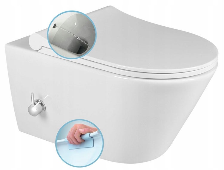 Taharet Dusch Wc mit Soft Close Wc Sitz Dusch-WC Set Tiefspüler ohne Spülrand mit Hygienedusche weiß glänzend Hygiene Intim Dusch Wc, mit WC-Sitz 316