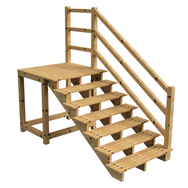 Holztreppe mit Plattform und Geländer