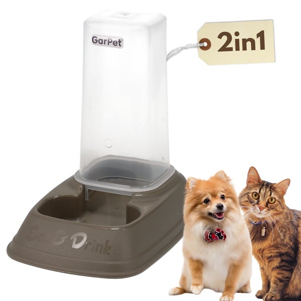 GarPet Logo. Zwei-in-eins Futter- und Wasserspender aus Kunststoff für Hunde und Katzen mit transparentem Behälter und Haustieren.