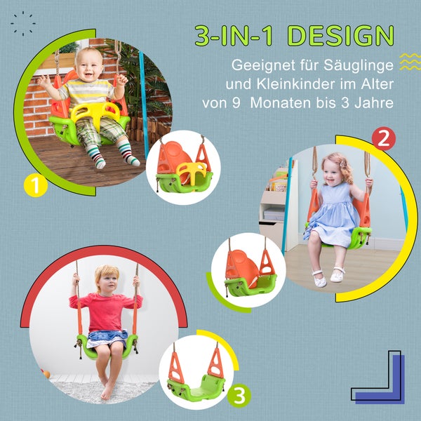 Outsunny 3-in-1 Babyschaukel, Kinderschaukel mit verstellbarem Seil, 120-180 cm höhenverstellbar, Kleinkindschaukel, Schaukelsitz für Kinder ab 9 Monaten, bis 70 kg, Indoor, Outdoor, Grün