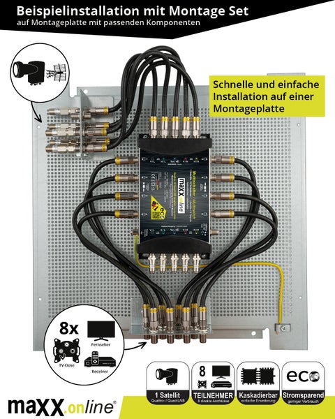 Kaskade Multischalter 8 Teilnehmer & 1 Satellit, Quad- & Quattro LNB tauglich, DVB-S Multiswitch 5/8 mit eco Sparmodus, Terr. aktiv