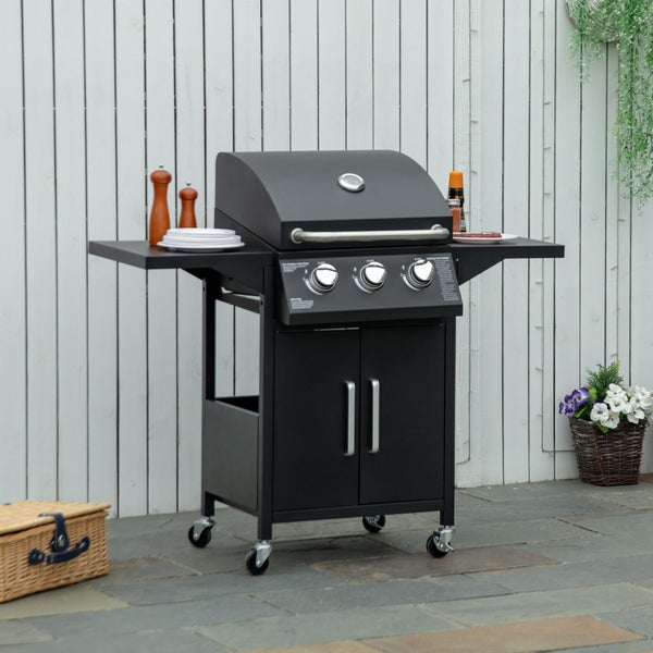 Outsunny Gasgrill, mobiler Grillwagen, BBQ mit 3 Brennern je 3 kw, 121 x 55 x 109 cm, Stahl, Schwarz