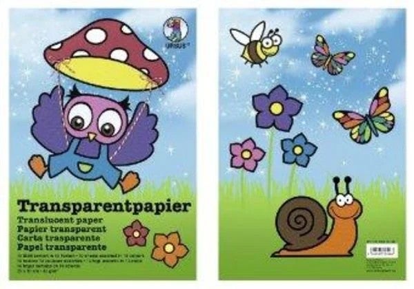 Packung Transparentpapier mit Ursus Logo und Illustrationen einer Eule, einer Schnecke, Blumen und Insekten zum Basteln.