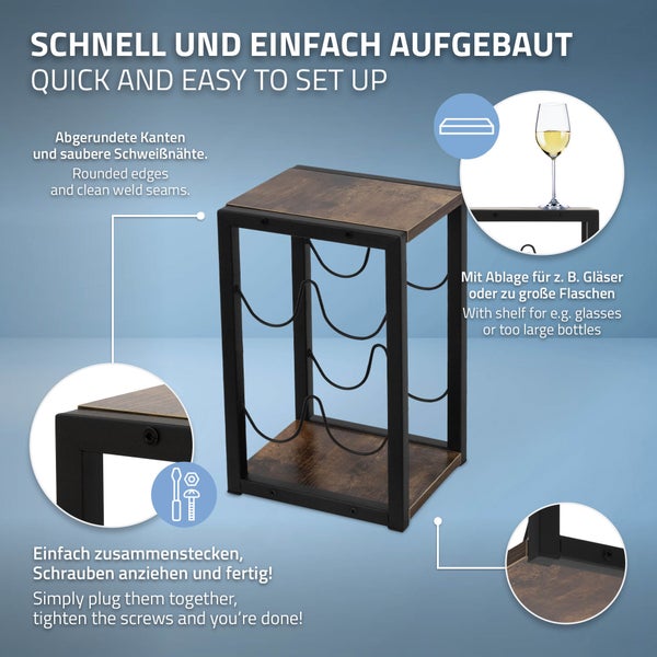 ML-Design Weinregal für 4 Flaschen, 24x21x37,5 cm, Vintage, Freistehendes Flaschenregal aus Holz & Metall, Wein Halter klein, Flaschenhalter Flaschenständer Weinständer Weinschrank Aufbewahrungsregal
