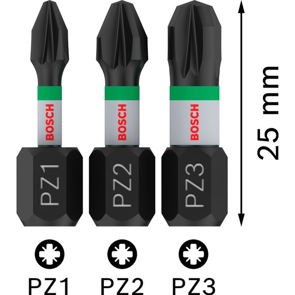 Bosch Schrauberbits PZ1, PZ2 und PZ3, 25 mm