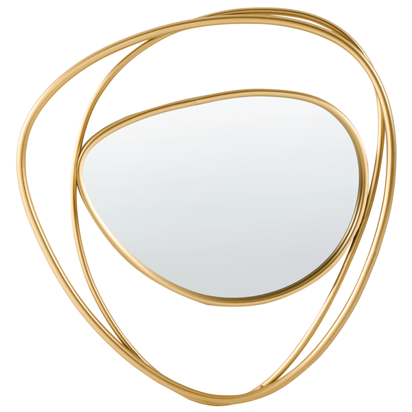 Wandspiegel mit asymmetrischem, goldfarbenem Metallrahmen, organische Form mit überlappenden Ringen.