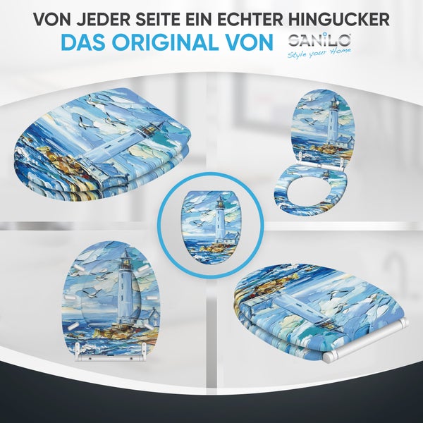 Sanilo WC Sitz mit Leuchtturm Motiv in verschiedenen Perspektiven dargestellt als Komplettansicht mit Deckel und Brille.