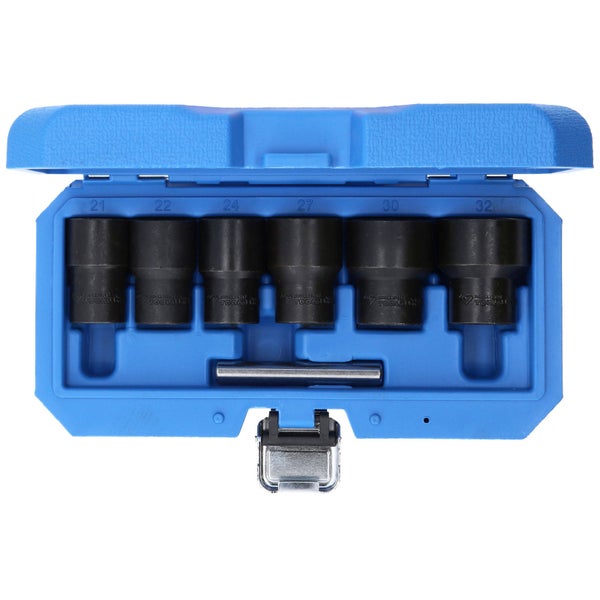 Steckschlüsselsatz in blauem Werkzeugkoffer mit Größenangaben