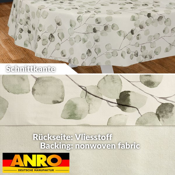 Abwaschbare Tischdecke mit Eukalyptus-Muster, Vliesstoff-Rückseite und Schnittkante. ANRO Deutsche Manufaktur Logo.