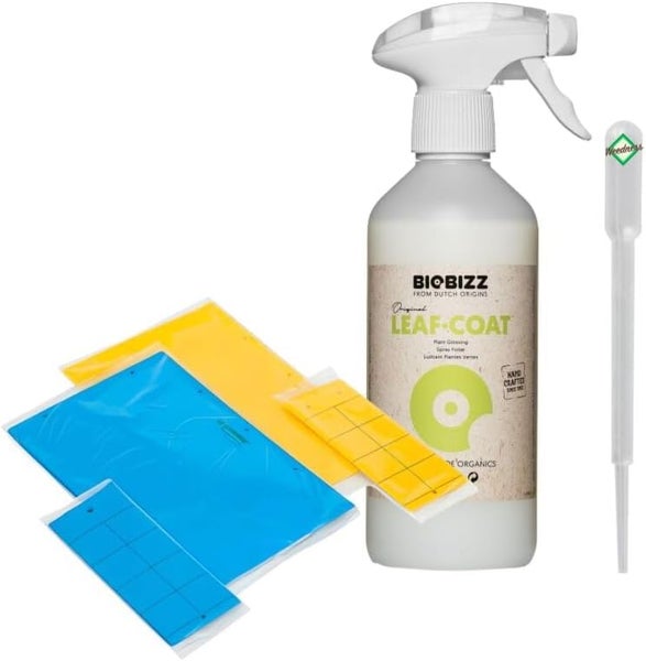 Biobizz Leaf-Coat Pflanzenspray mit gelben und blauen Klebefallen sowie einer Pipette zur Pflanzenpflege und zum Pflanzenschutz.