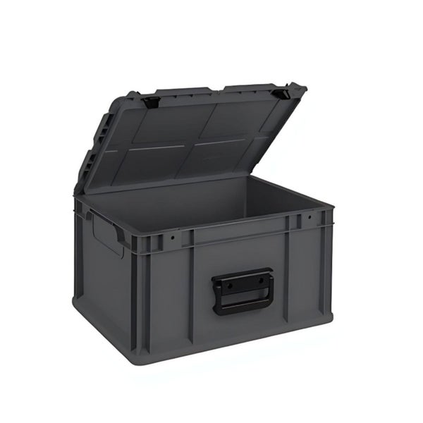 Geöffnete graue Eurobox mit Deckel und Griffen