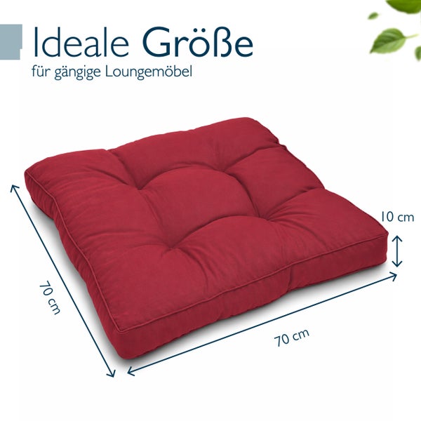 Quadratisches Loungekissen für Gartenmöbel mit Maßen von 70 mal 70 Zentimetern und einer Dicke von 10 Zentimetern.