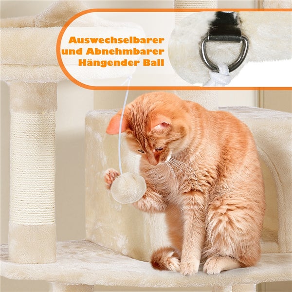 Katze spielt auf einem beigen Katzenkratzbaum mit austauschbarem, abnehmbarem Spielball