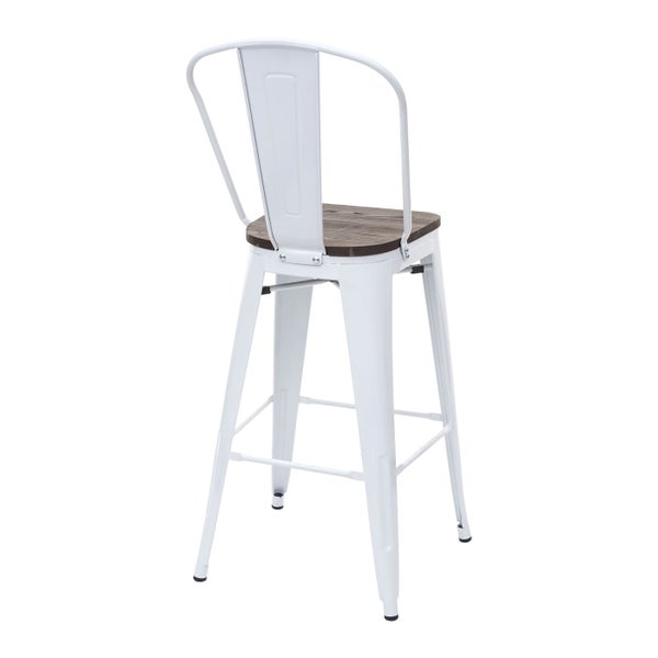 Barhocker mit Rückenlehne, Metallgestell und Holzsitzfläche