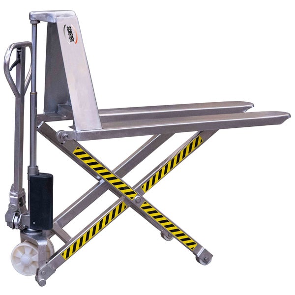 Scherenhubwagen aus Metall mit Warnmarkierung