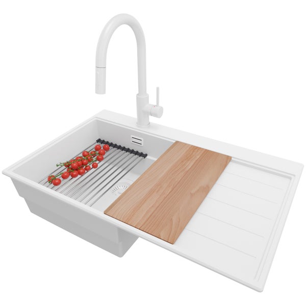 PRIMAGRAN Granitspüle Alles Weiß 78x50cm, Spülbecken 1 Becken + Küchenarmatur 40x20cm + Ablauf-Set + Küchenzubehörset, Küchenspüle ab 45er Unterschrank - Sydney