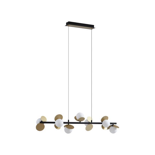 Pendelleuchte mit schwarzer Metallstange, weißen Glaskugeln und goldfarbenen Metallscheiben.